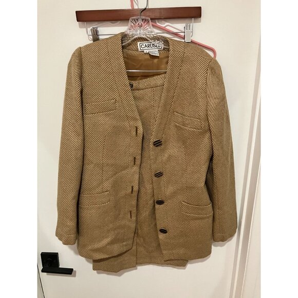 Carlisle Women's Vintage 70's 100% Wool Skirt Suit, Tan/Brown, Size 8 - Picture 1 of 7